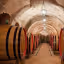 An interior view of a wine cellar with rows of large wooden barrels lining a long, arched corridor. Overhead, rustic lanterns provide warm illumination, highlighting the texture of the brick arches and the path. The composition uses strong leading lines to create depth and perspective.