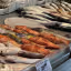 A close-up, editorial-style image showing a variety of fresh fish, including red scorpionfish and mackerel, displayed on a counter at a market. A price tag for "ORATA LOCALE" is visible in the foreground.