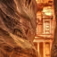 An iconic view of Al-Khazneh (The Treasury) in Petra, Jordan, seen through the narrow Siq canyon. The ancient rock-cut facade is framed by the natural sandstone walls, showcasing its intricate details and the warm, earthy tones of the surrounding landscape.